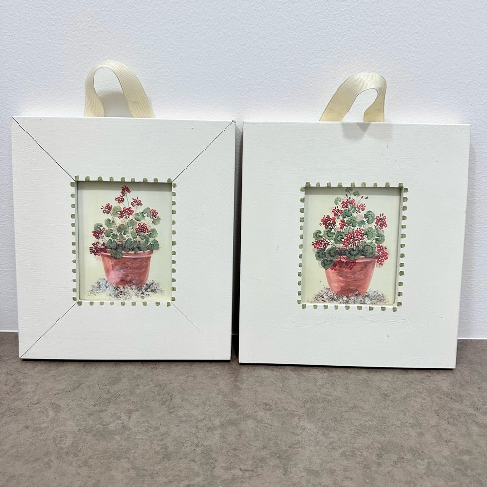 2 Framed Geranium Plant Terracotta Pot Wall Hanging Decor Vintage Jean Oats MCM
